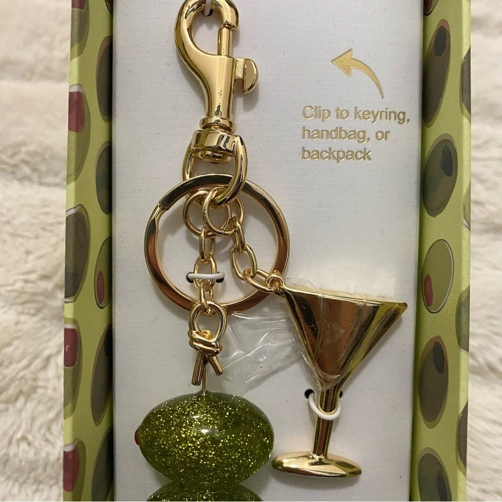 Gold and Green Martini and Glass Stones Olives Keychain Purse Charm